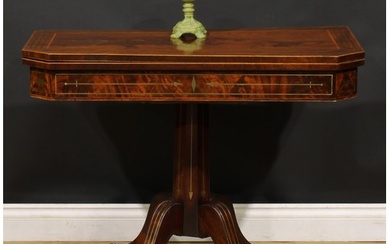 A Regency mahogany and brass marquetry card table, hinged to...