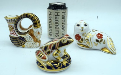 A Royal Crown Derby collection including an Imari pattern Ram candlestick together with a seal and a