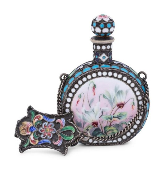 A Russian Enameled Silver Scent Flask and Clip