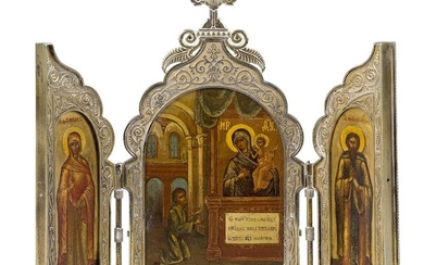 A Russian silver-gilt travelling triptych icon, by Ivan Khlebnikov, Moscow, 1899-1908, assay master Ivan Lebedkin, the central arched scene with a supplicating man before the Virgin and Child, flanked on saints to the wings, the frame surmounted by...