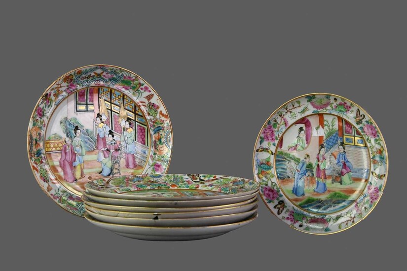 A SET OF SIX LATE 19TH CENTURY CHINESE FAMILLE ROSE PLATES, ALONG WITH TWO OTHERS