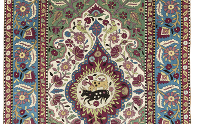 A SILK EMBROIDERED CAUCASIAN RUG LATE 18TH/EARLY 19TH CENTURY