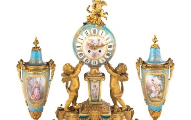 A Sèvres Style Porcelain and Gilt Bronze Mounted Three-Piece Clock Garniture