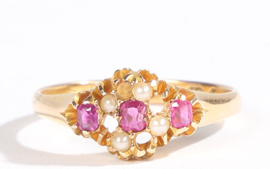 A VICTORIAN 15 CARAT GOLD, RUBY AND DIAMOND RING.