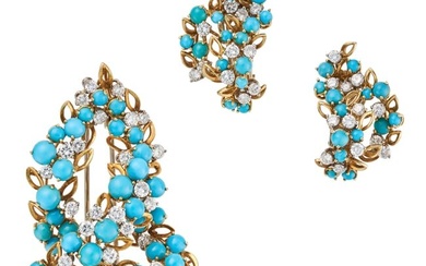 A VINTAGE TURQUOISE AND DIAMOND BROOCH AND EARRINGS SET, 1970S in 18ct yellow gold, the brooch in a