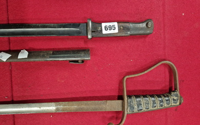 A WW I MAUSER BAYONET TOGETHER WITH GERMAN? DRESS SWORD AND AN ASSOCIATED SCABBARD.