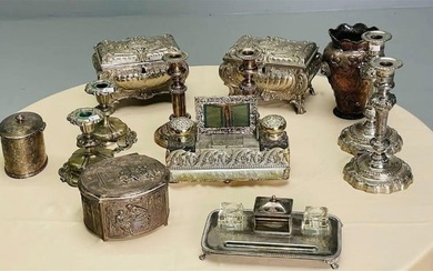 A collection of 13 pieces of Victorian silver Plate. the large candlesticks 9 1/2 inches high.