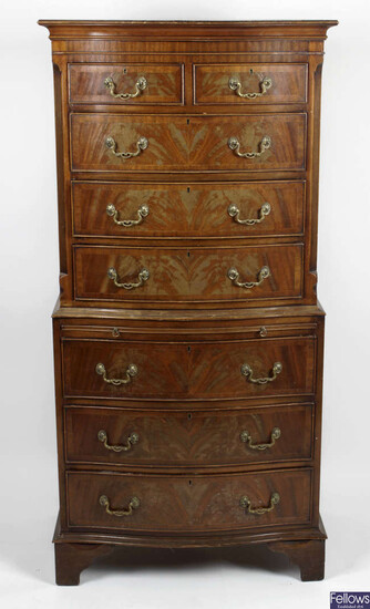 A collection of assorted furniture to include, a reproduction bowfront chest on chest, a pair of small bow fronted chests of drawers, a pair of twin drawer side tables, etc.