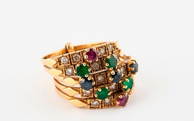A five-ring ring in yellow gold (750) set with rubies, sapphires, emeralds and brilliant-cut diamonds in claw and grain settings.