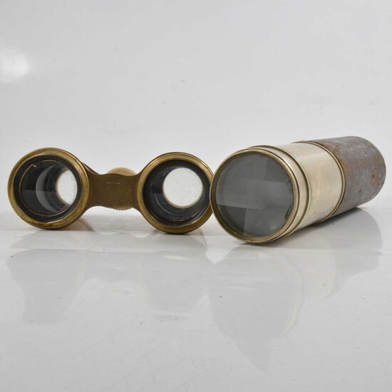 A four drawer telescope and a pair of bone opera glasses.