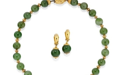A gold plated, 18k yellow gold and nefrite jade demi parure