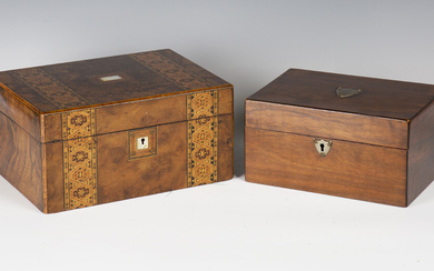 A late Victorian burr walnut work box with geometric inlaid bands, enclosing a small selection of ne