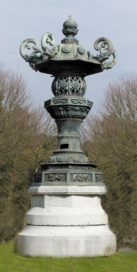 A monumental Japanese bronze and marble koro or temple lantern
