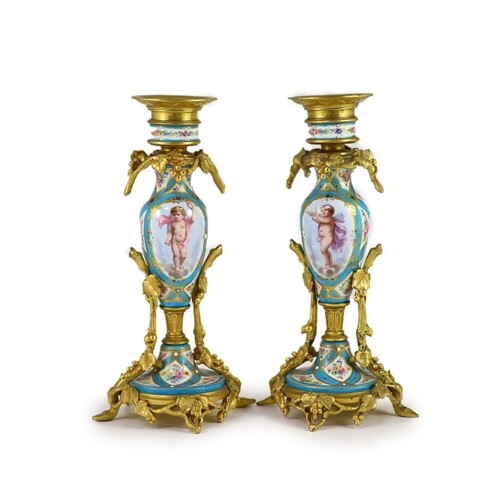A pair of 19th century ormolu mounted Sevres style jewelled ...