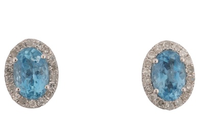 A pair of 9ct white gold aquamarine and diamond oval cluster...