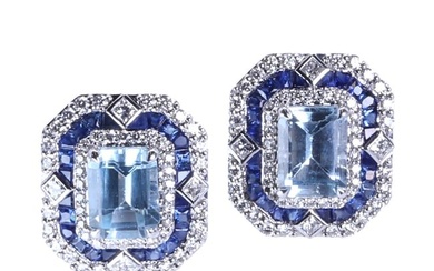 A pair of Art Deco style aquamarine, sapphire and diamond stud earrings