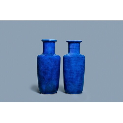 A pair of Chinese monochrome powder blue rouleau vases, Kang...