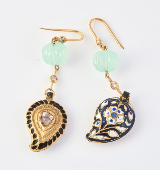A pair of Indian enamel, diamond and green agate drop earrings