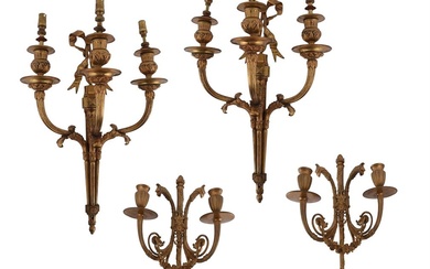 A pair of Louis XV style three arm wall sconces, c.1900; tog...