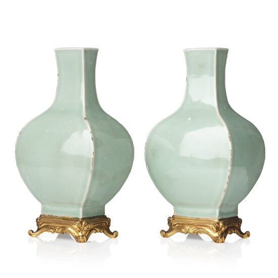 A pair of celadon vases with gilt bronze mounts, Qing dynasty, 18th Century.