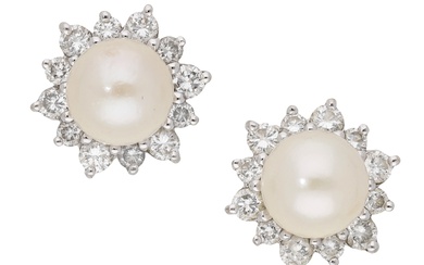 A pair of cultured pearl and diamond cluster ear studs, each set...