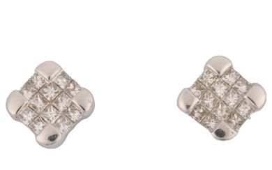 A pair of diamond cluster panel earrings, set with Princess-...