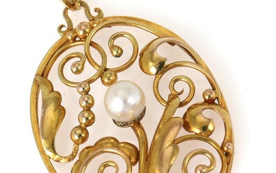 A pearl pendant set with a cultured pearl, mounted in 14k gold....