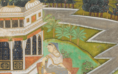 A pensive maiden seated by a pavilion at the side...