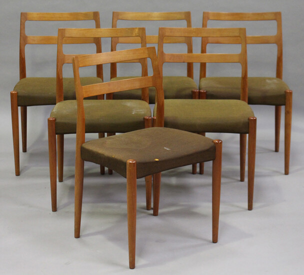 A set of six mid-20th century Danish teak dining chairs, designed by Johannes Andersen for Uldum Mob
