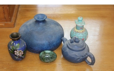 A small Chinese blue pottery teapot, 7cm high, a squat blue ...