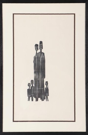 ABRAHAM HANKINS "FAMILY" WOODCUT ON PAPER SIGNED