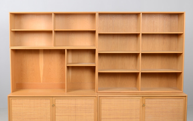 ALF SVENSSON. Shelving system, 2 sections, oak and rattan, Bjästa, second half of the 20th century.