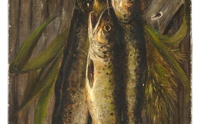 AMERICAN SCHOOL (19th Century,), Still life of hanging trout., Oil on canvas, 17" x 9". Unframed.