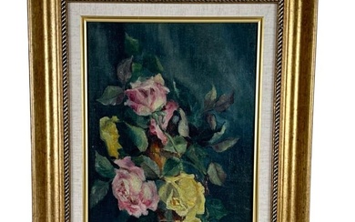 AMERICAN SCHOOL (Early 20th Century,), Still life of roses., Oil on canvas, 14" x 10". Framed 20" x