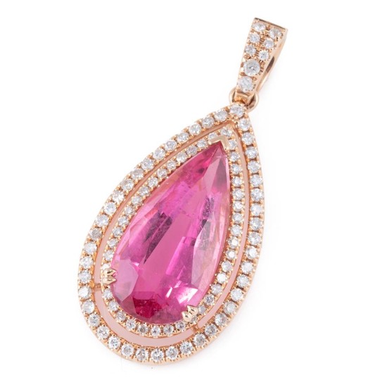 AN 18CT ROSE GOLD TOURMALINE AND DIAMOND PENDANT; centring a pear cut pink tourmaline of 5.05ct to double surround and bale set with...