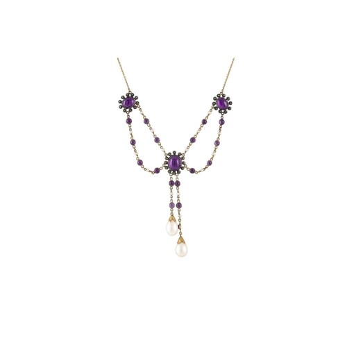 AN AMETHYST AND CULTURED PEARL DROP FRINGE NECKLACE, mounted...