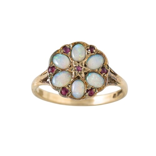 AN ANTIQUE OPAL AND RUBY CLUSTER RING, mounted in 9ct gold