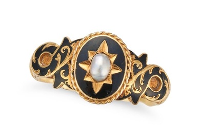 AN ANTIQUE PEARL AND ENAMEL MOURNING RING the oval face set with a pearl in a star motif, relieve...