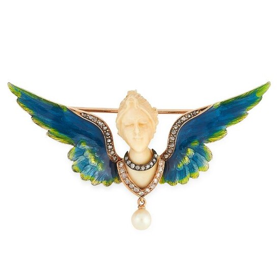 AN ANTIQUE PEARL, DIAMOND AND ENAMEL BROOCH in yellow