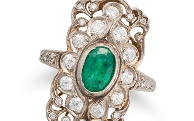 AN EMERALD AND DIAMOND DRESS RING the openwork face set with an oval cut emerald accented by old and
