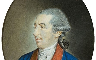 After Hugh Douglas Hamilton, RHA, Irish c.1740-1808- Portrait of the Rt Hon. David La Touche of Marlay, Dublin (1734-1806), bust-length, in a blue coat with a red collar and white stock; pastel and bodycolour on paper watermarked '1803', oval...