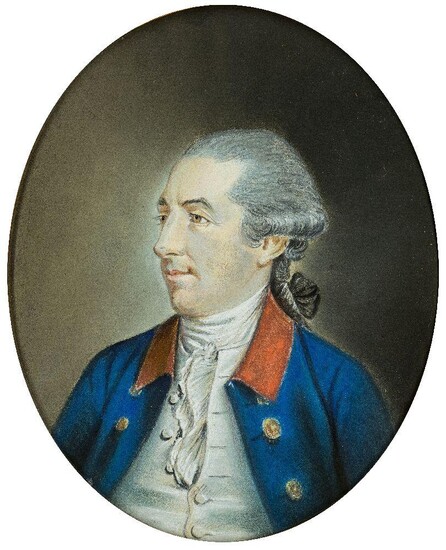 After Hugh Douglas Hamilton, RHA, Irish c.1740-1808- Portrait of the Rt Hon. David La Touche of Marlay, Dublin (1734-1806), bust-length, in a blue coat with a red collar and white stock; pastel and bodycolour on paper watermarked '1803', oval...