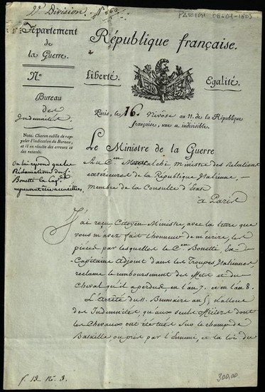 Alexandre Berthier General of Napoleon Bonaparte - Autograph; Request for the Veteran Captain Bonetti, from Paris - 1803
