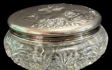 American Cut Crystal & Sterling Silver Box with Ladies Portrait Decorated Lid