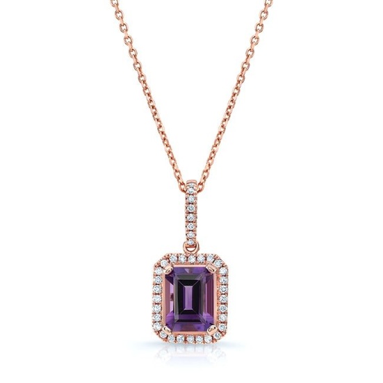 Amethyst And Diamond Emerald-cut Halo Pendant In 14k Rose Gold (8x6mm Center)