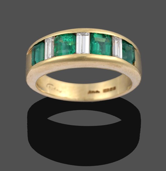 An 18 Carat Gold Emerald and Diamond Half Hoop Ring, by Asprey, four emerald-cut emeralds alternate