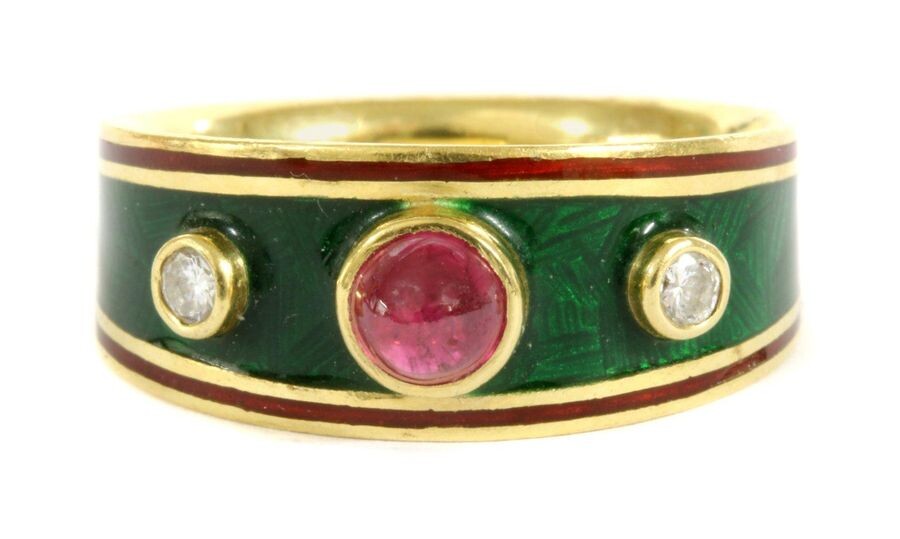 An 18ct gold enamel ruby and diamond ring, a round...