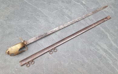 An 18th century sword and scabbard, the 67.5cm blade engrave...