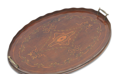 An Edwardian oval mahogany and marquetry tea tray