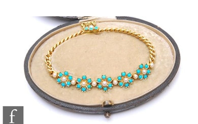 An early 20th Century 9ct seed pearl and turquoise set brace...